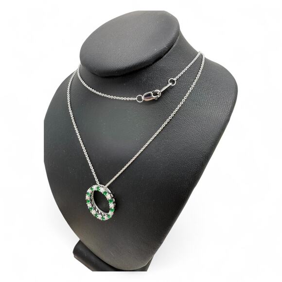 Created Opal And Emerald Circle Pendant Necklace 18 inches Sterling Silver - Picture 3 of 7